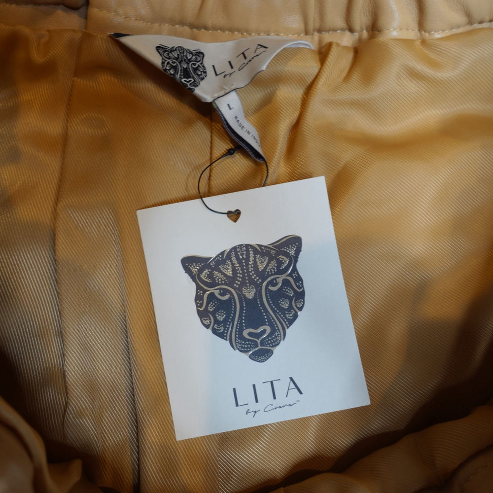 Women’s Faux Leather Drawstring Shorts - Tan - Picture 3 of 7